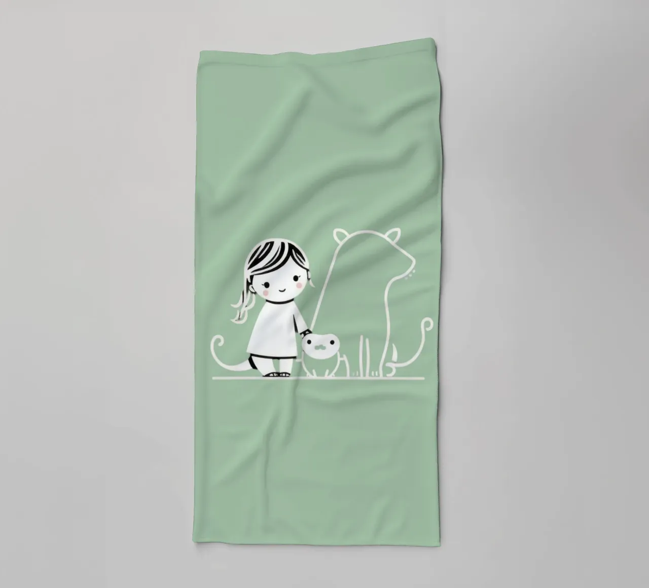 Ragazza con i suoi animali domestici, un cane e un gatto, che si godono il tempo asciugamano da bagno da DesignDoodle