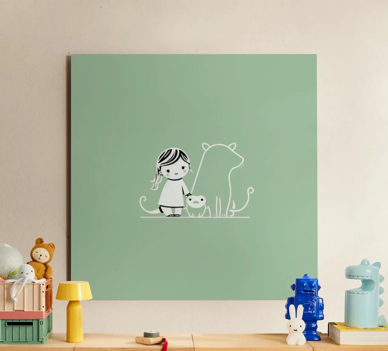 Ragazza con i suoi animali domestici, un cane e un gatto, che si godono il tempo alluminio dibond da DesignDoodle