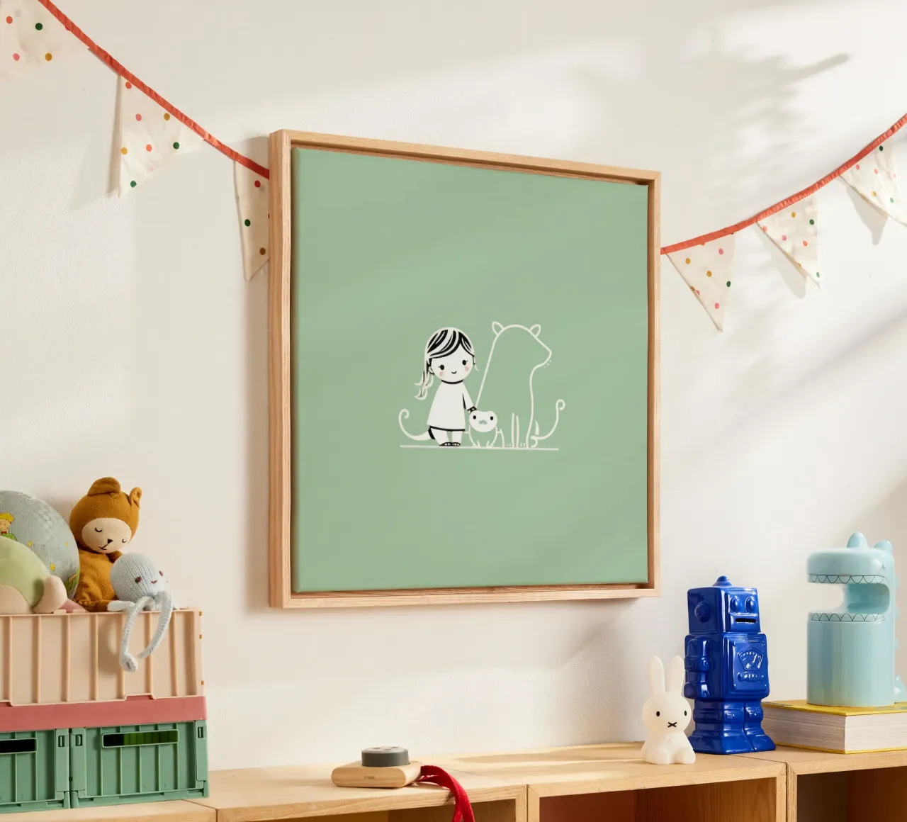 Ragazza con i suoi animali domestici, un cane e un gatto, che si godono il tempo tela con Cornice a cassetta da DesignDoodle