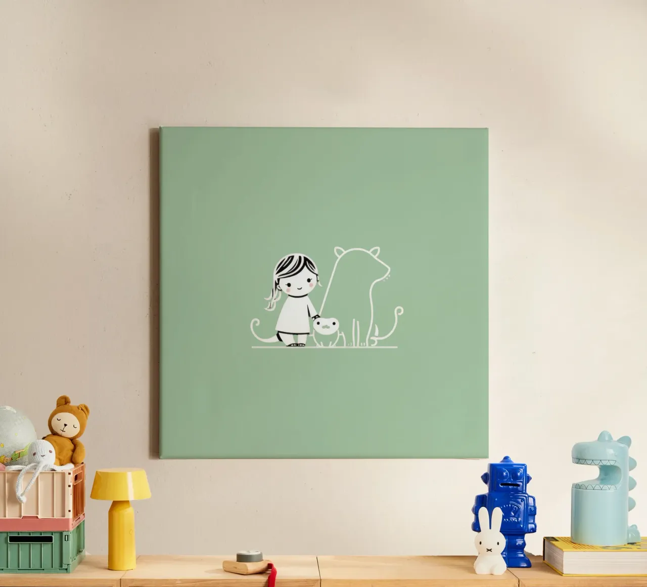 Ragazza con i suoi animali domestici, un cane e un gatto, che si godono il tempo tela con Cornice a cassetta da DesignDoodle