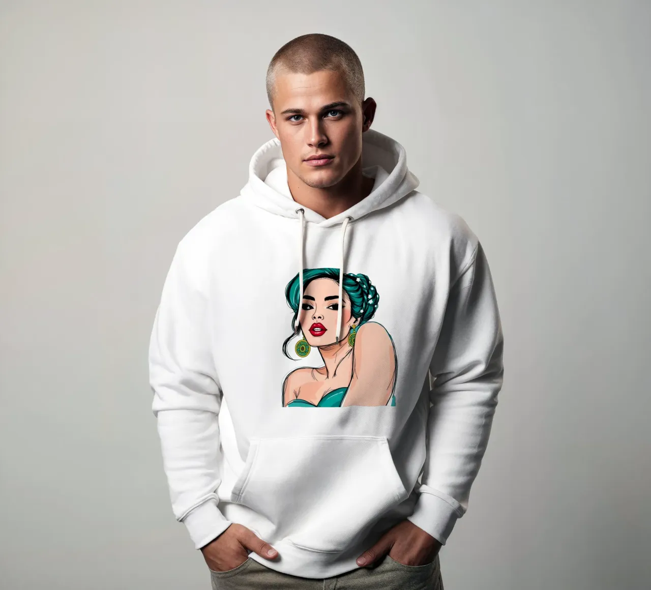 donna sicura di sé con capelli verde acqua e trucco audace felpa con cappuccio da DesignDoodle