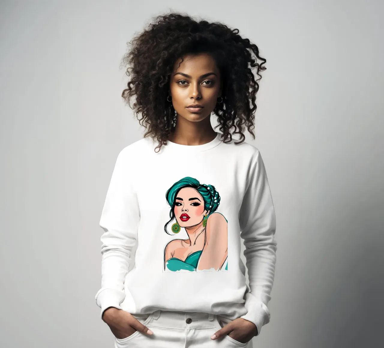 donna sicura di sé con capelli verde acqua e trucco audace felpa da DesignDoodle