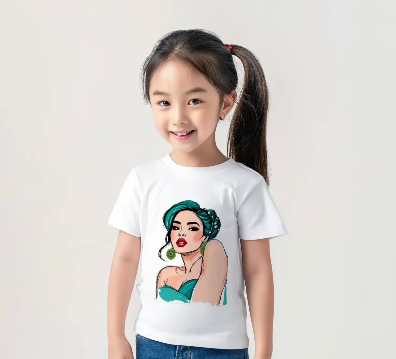 confident woman with teal hair and bold makeup kids t-shirt by DesignDoodle