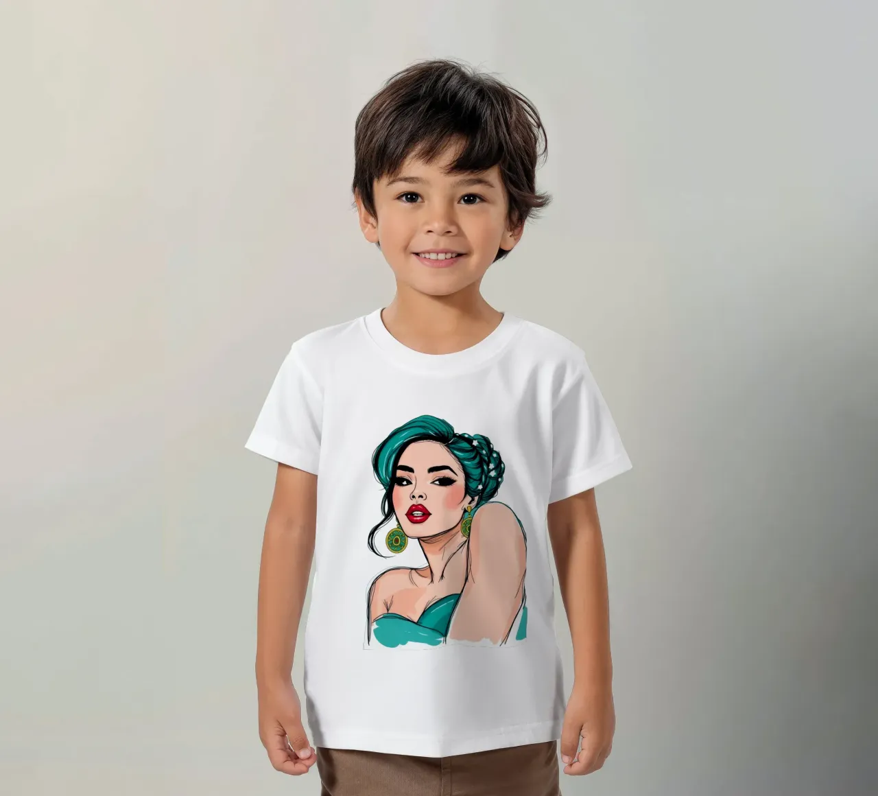 confident woman with teal hair and bold makeup kids t-shirt by DesignDoodle