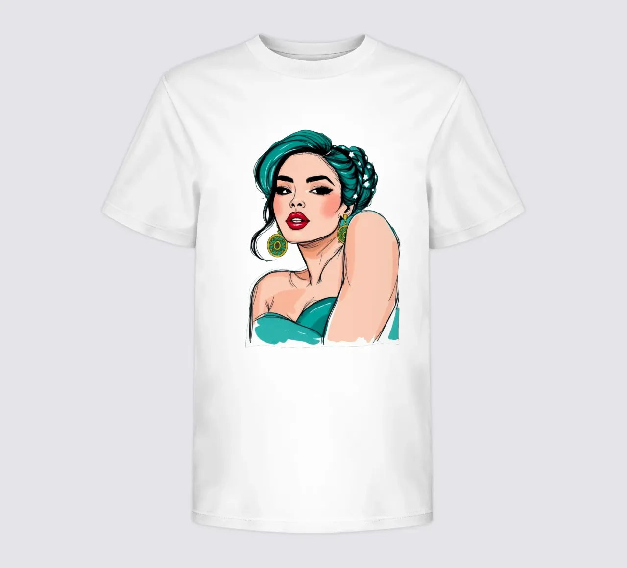 confident woman with teal hair and bold makeup kids t-shirt by DesignDoodle