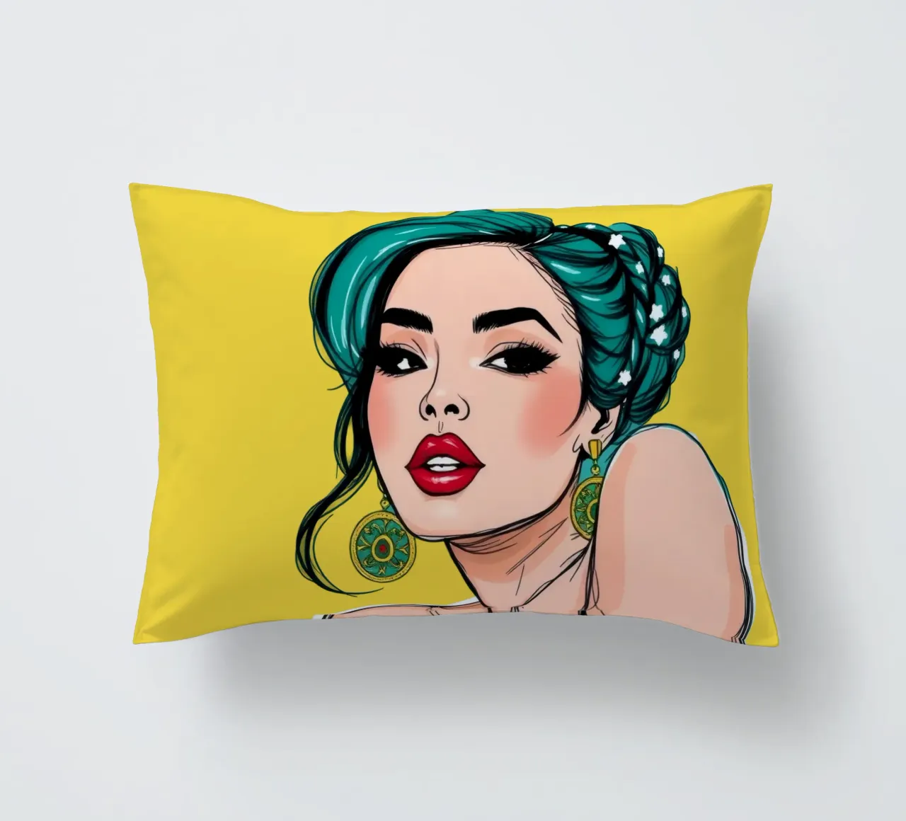 confident woman with teal hair and bold makeup decorative cushion by DesignDoodle