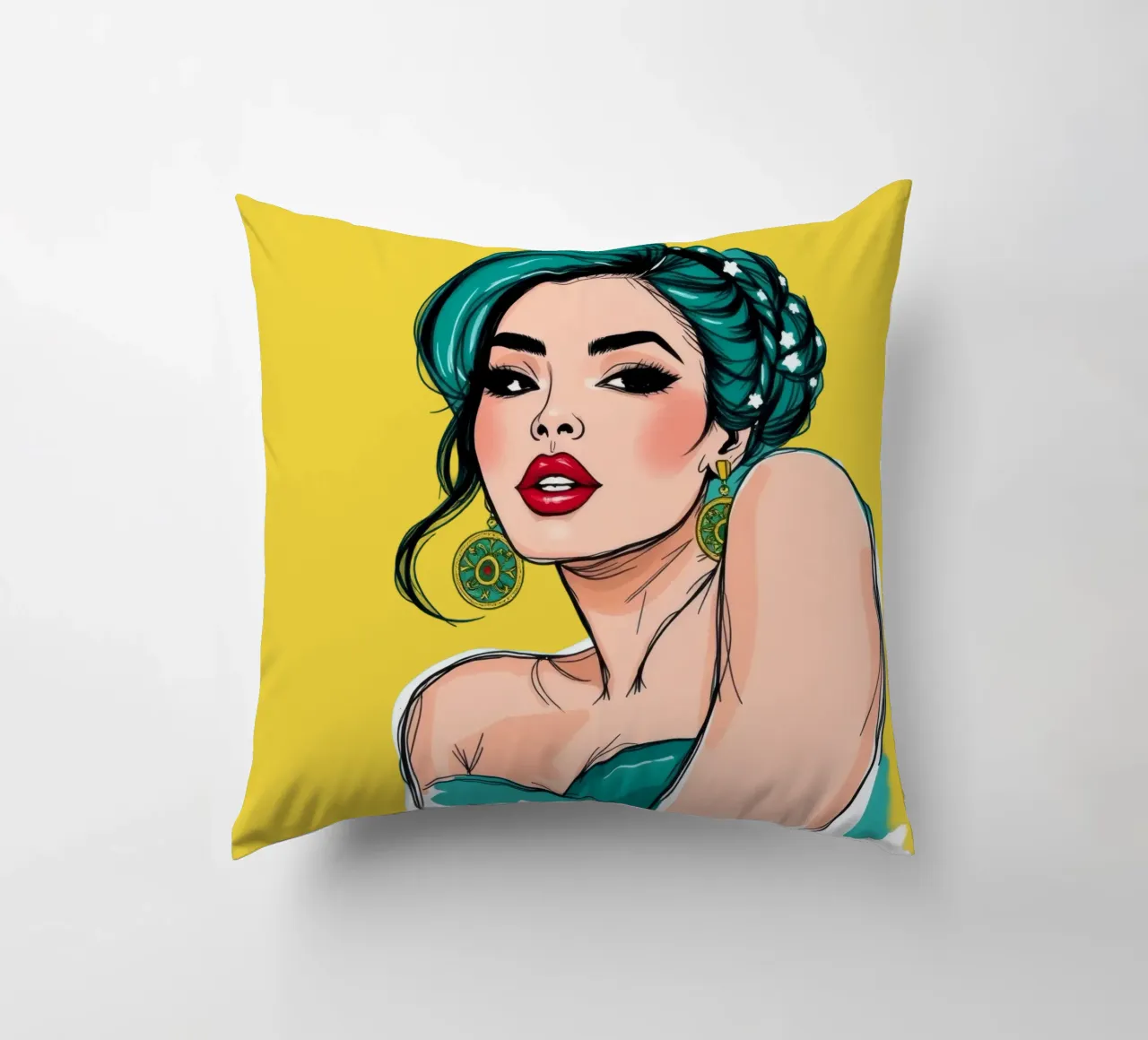 confident woman with teal hair and bold makeup decorative cushion by DesignDoodle