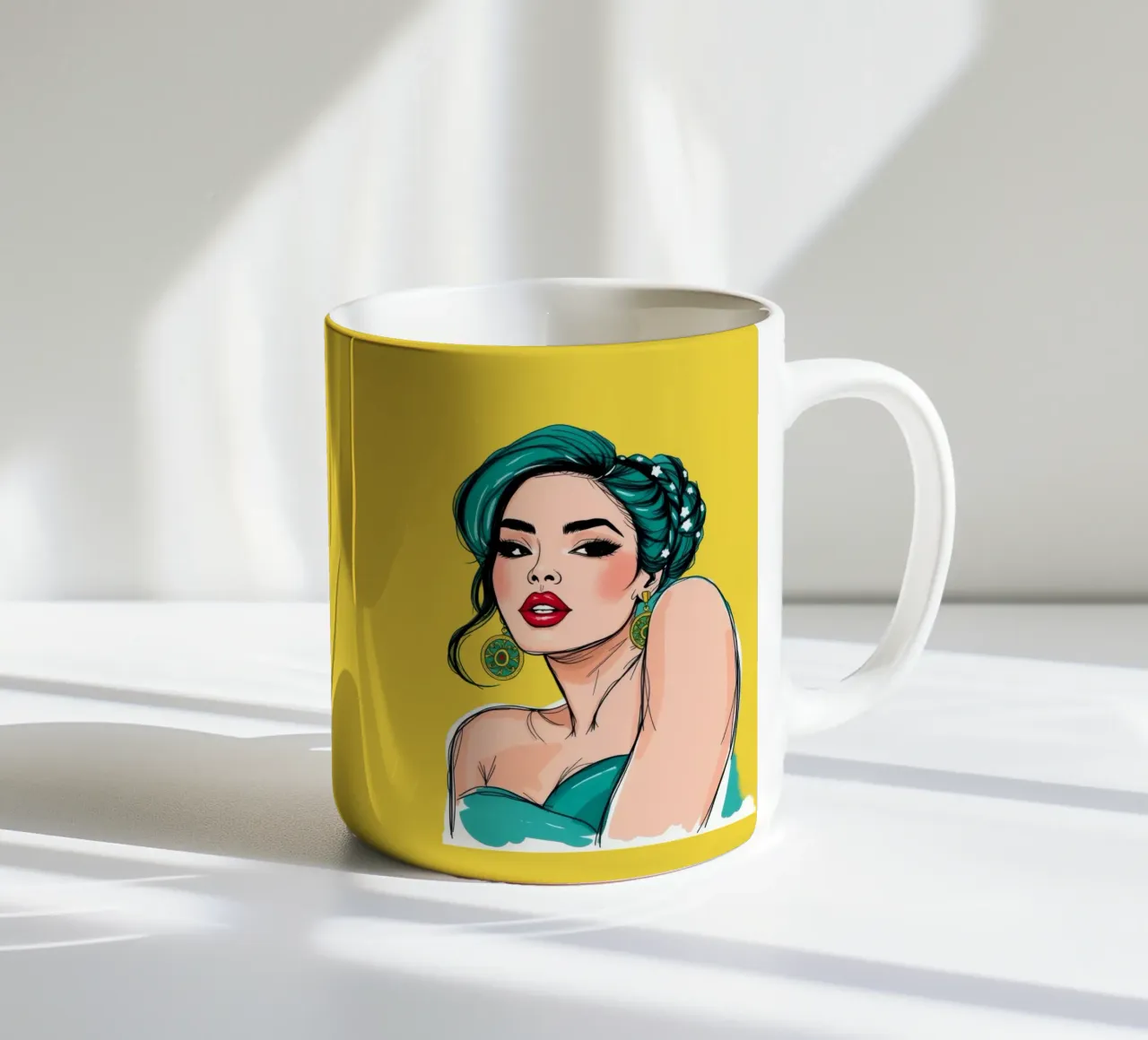 donna sicura di sé con capelli verde acqua e trucco audace tazza in ceramica da DesignDoodle