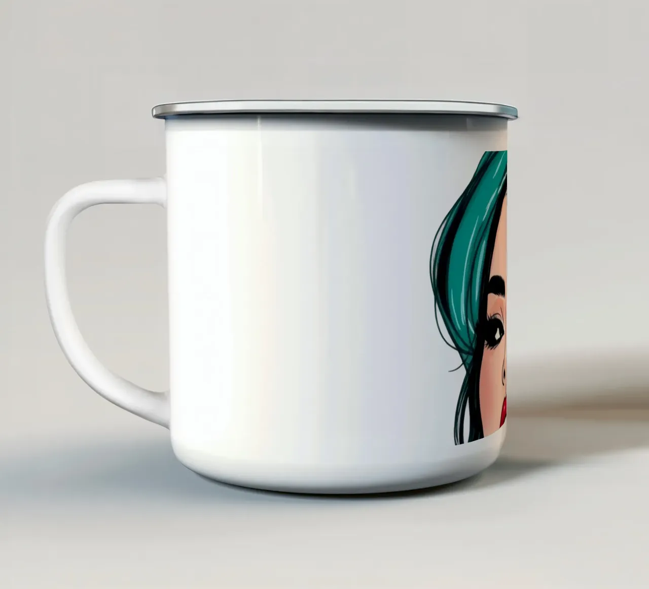 selbstbewusste Frau mit türkisfarbenem Haar und auffälligem Make-up Emaille Tasse von DesignDoodle