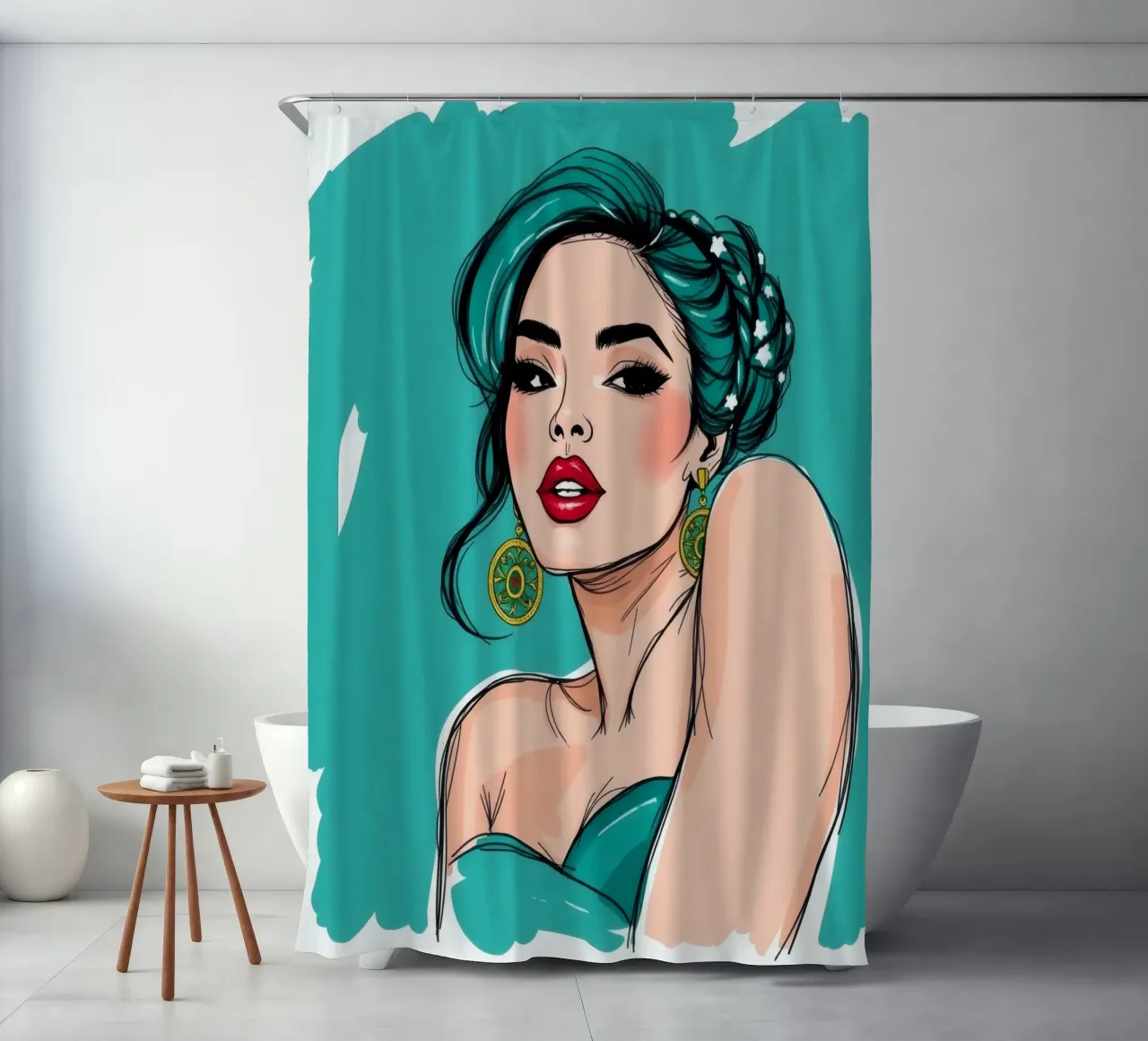 selbstbewusste Frau mit türkisfarbenem Haar und auffälligem Make-up Duschvorhang von DesignDoodle