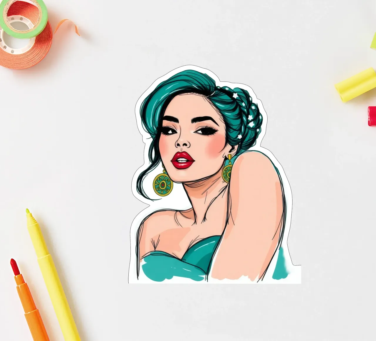 confident woman with teal hair and bold makeup sticker by DesignDoodle