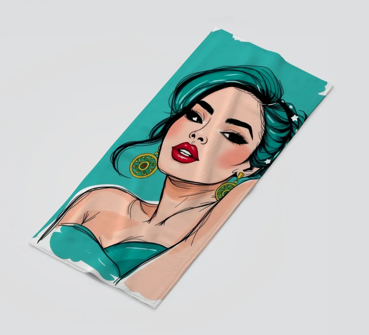 selbstbewusste Frau mit türkisfarbenem Haar und auffälligem Make-up Strandtuch von DesignDoodle