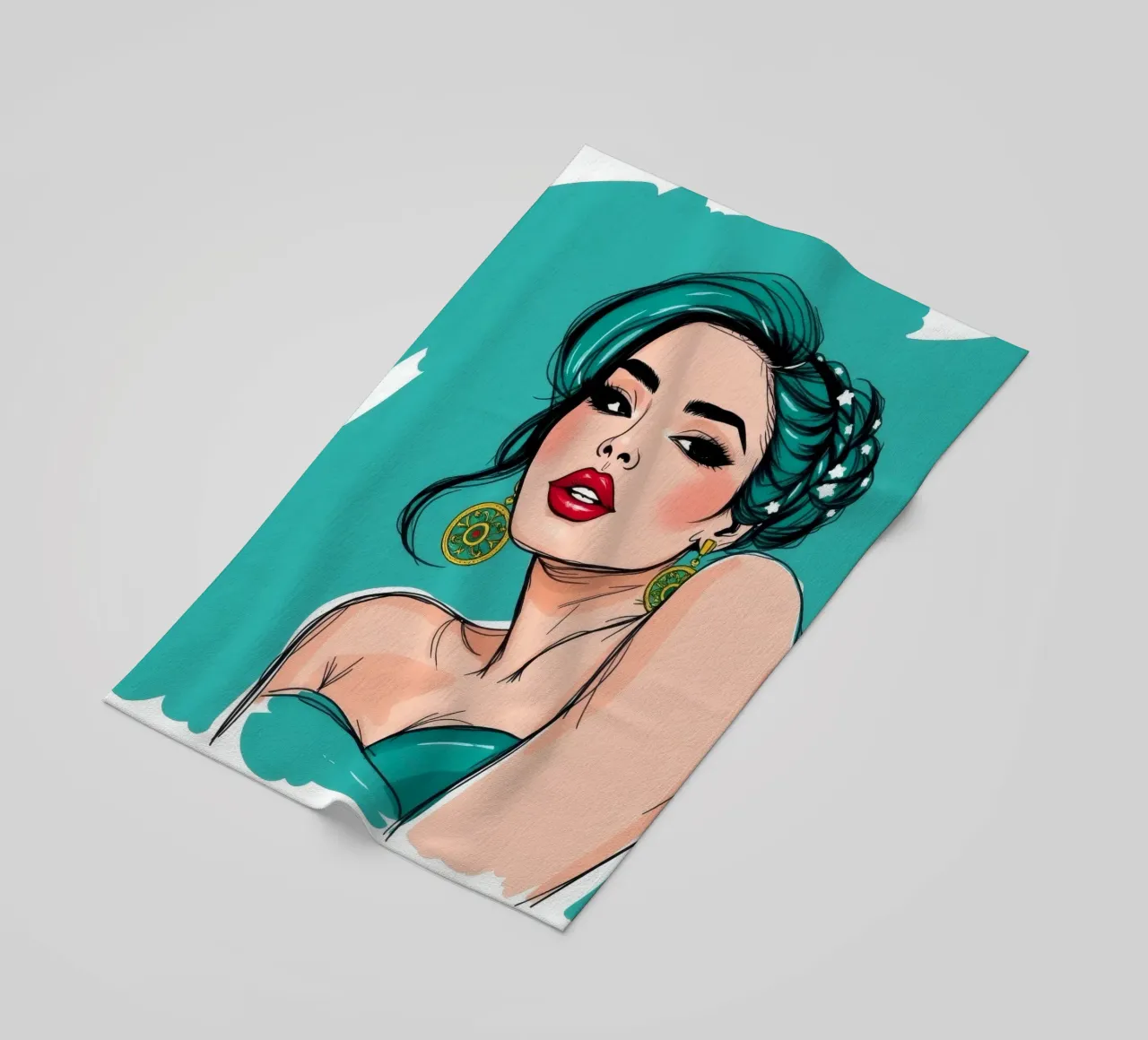 selbstbewusste Frau mit türkisfarbenem Haar und auffälligem Make-up Strandtuch von DesignDoodle