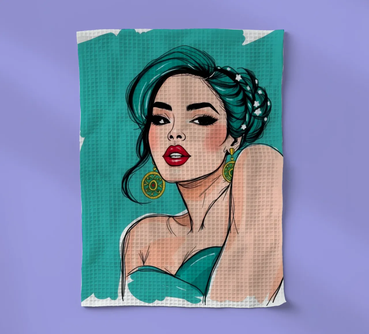 selbstbewusste Frau mit türkisfarbenem Haar und auffälligem Make-up Geschirrtuch von DesignDoodle