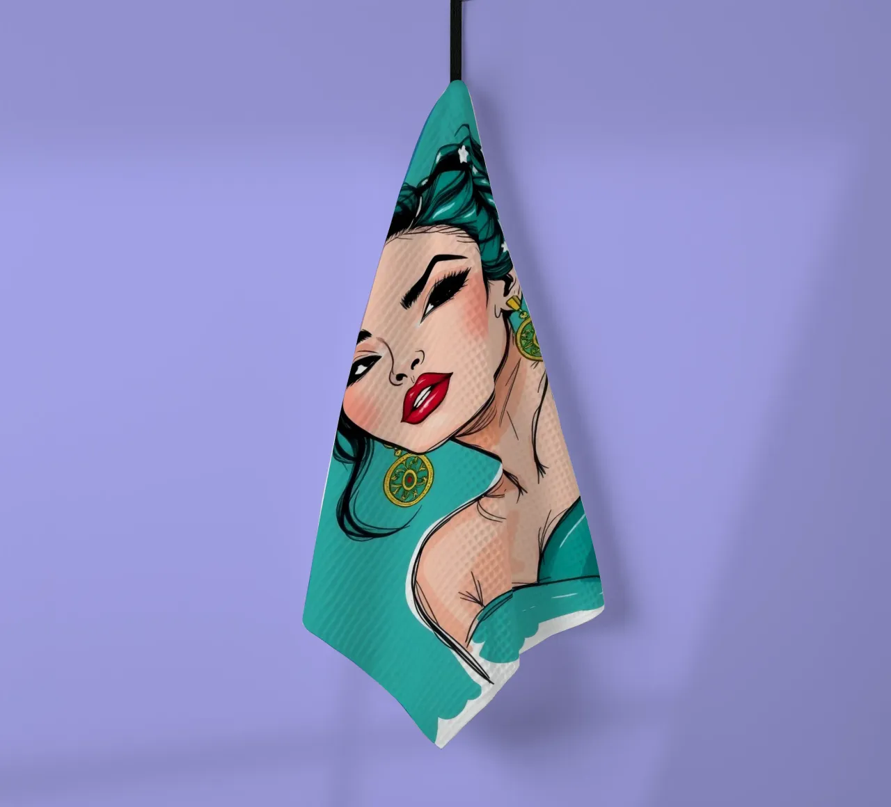 selbstbewusste Frau mit türkisfarbenem Haar und auffälligem Make-up Geschirrtuch von DesignDoodle