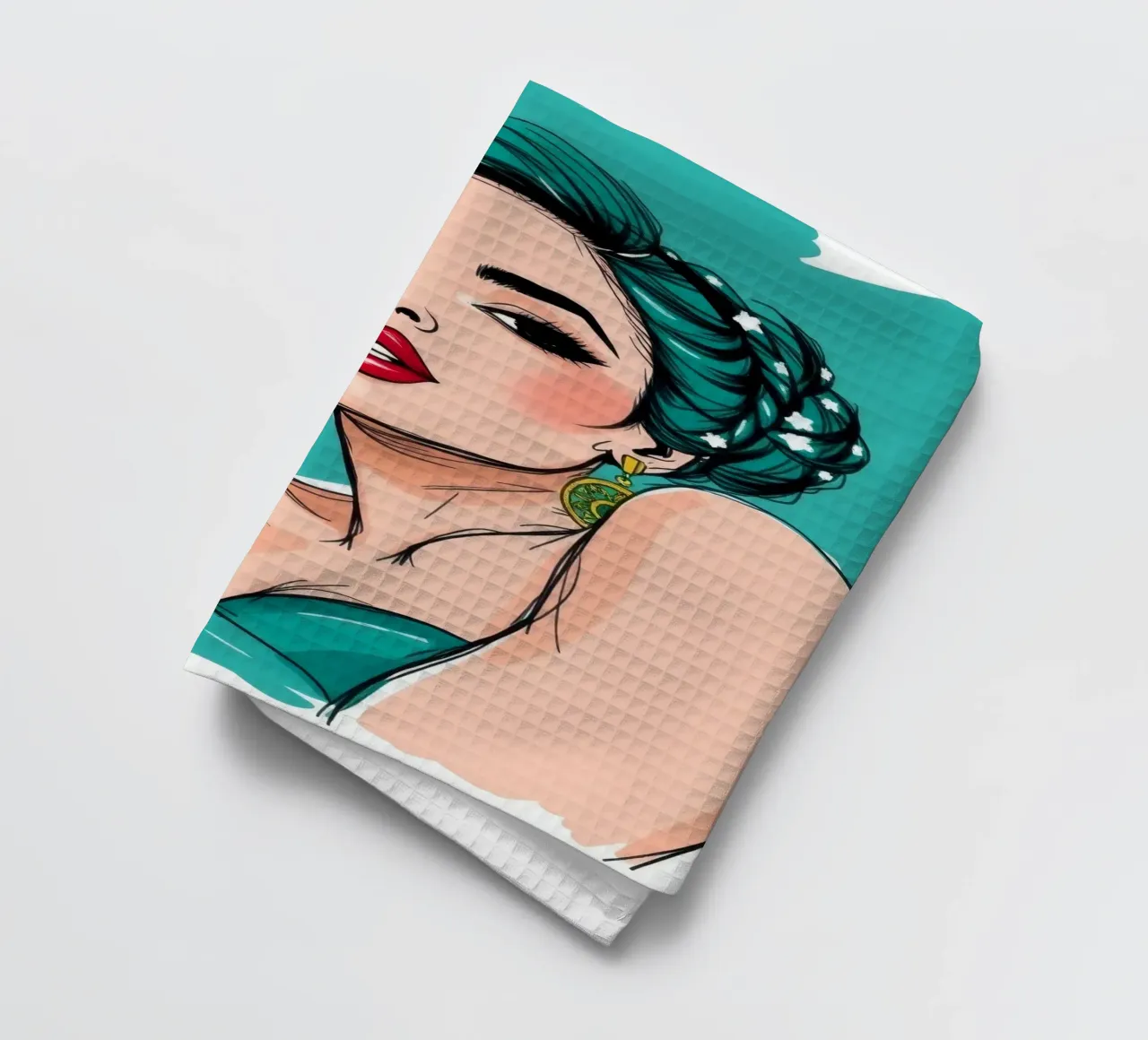selbstbewusste Frau mit türkisfarbenem Haar und auffälligem Make-up Geschirrtuch von DesignDoodle