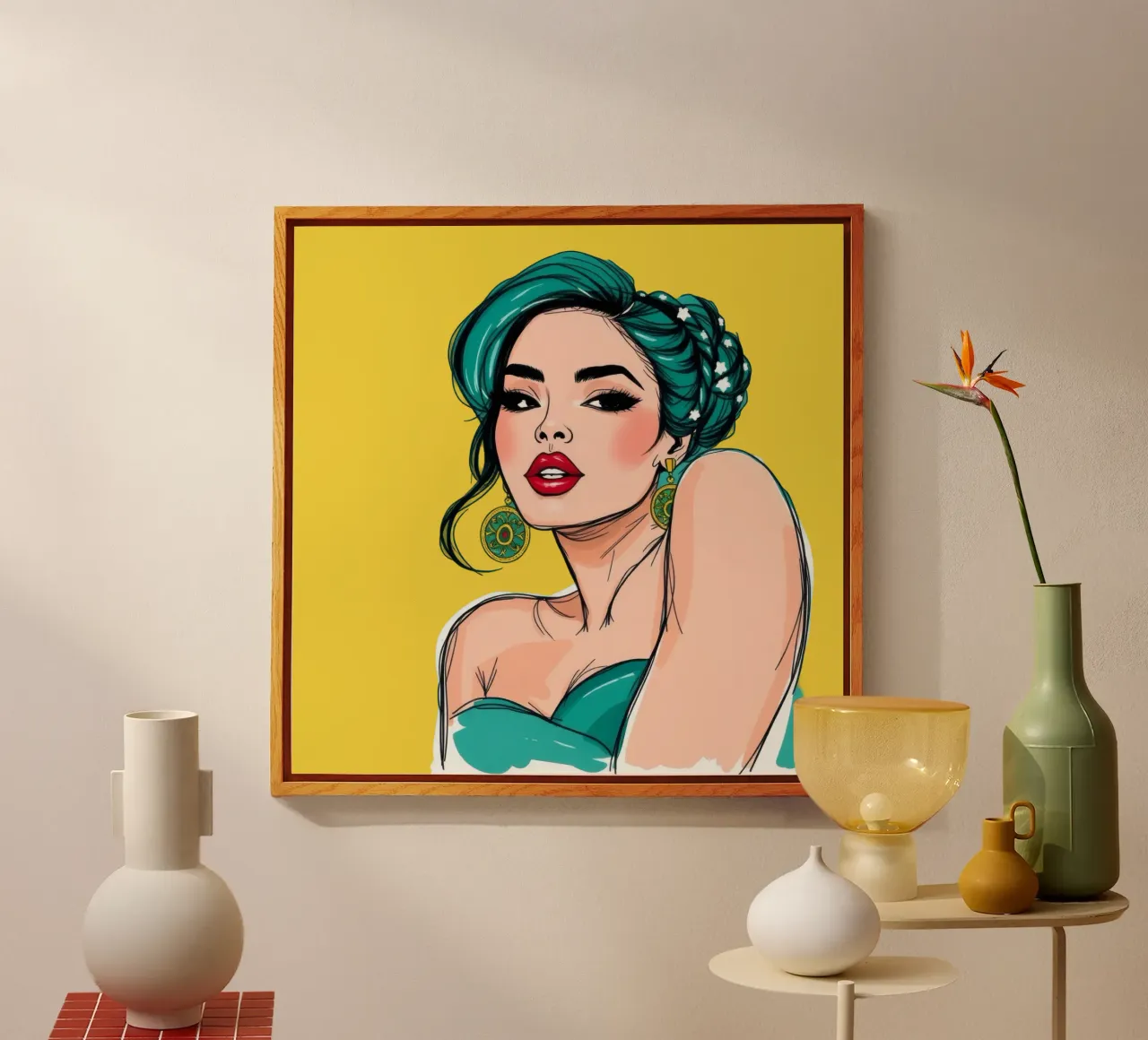 confident woman with teal hair and bold makeup acrylic glass by DesignDoodle