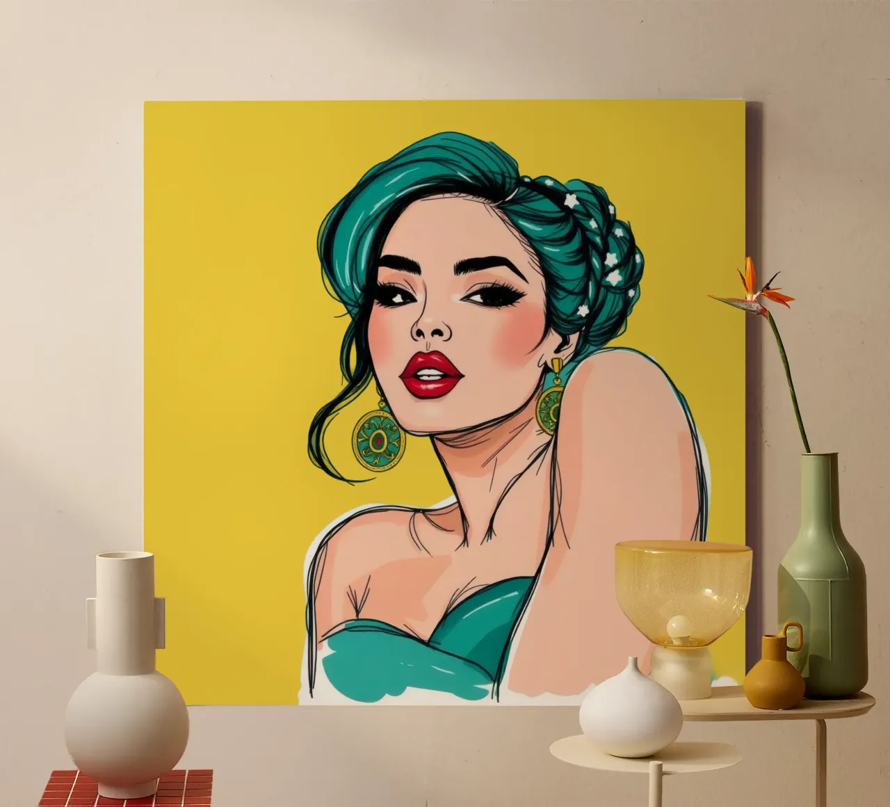 selbstbewusste Frau mit türkisfarbenem Haar und auffälligem Make-up Leinwand von DesignDoodle