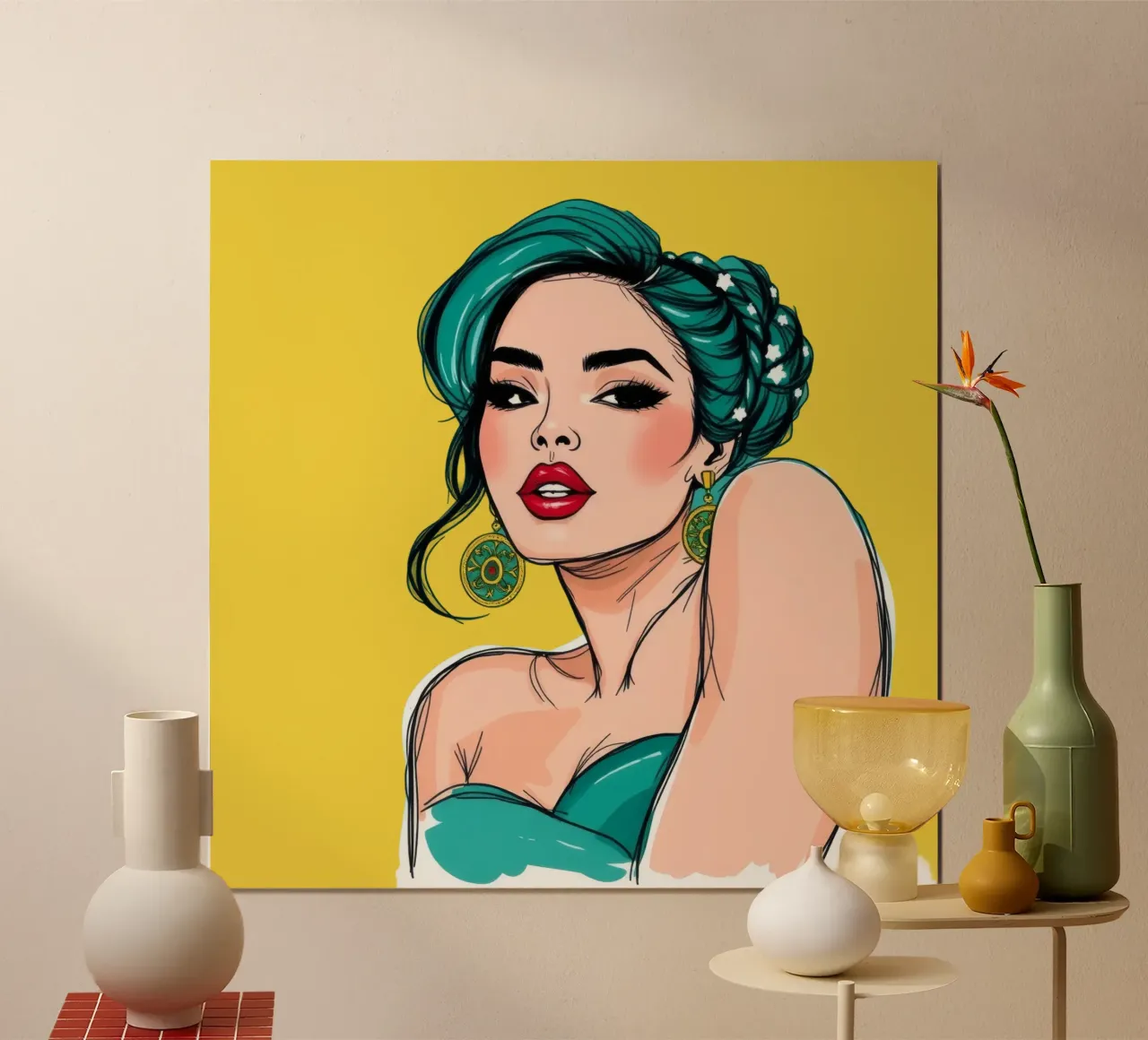 selbstbewusste Frau mit türkisfarbenem Haar und auffälligem Make-up Hahnemühle von DesignDoodle