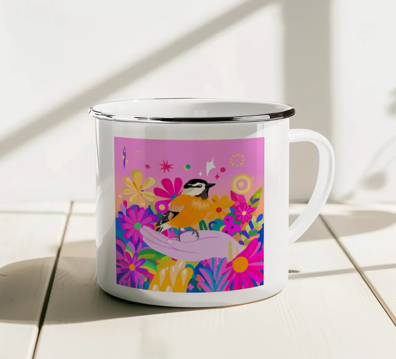 Paradiso degli uccelli tazza in smalto da Petal Canvas