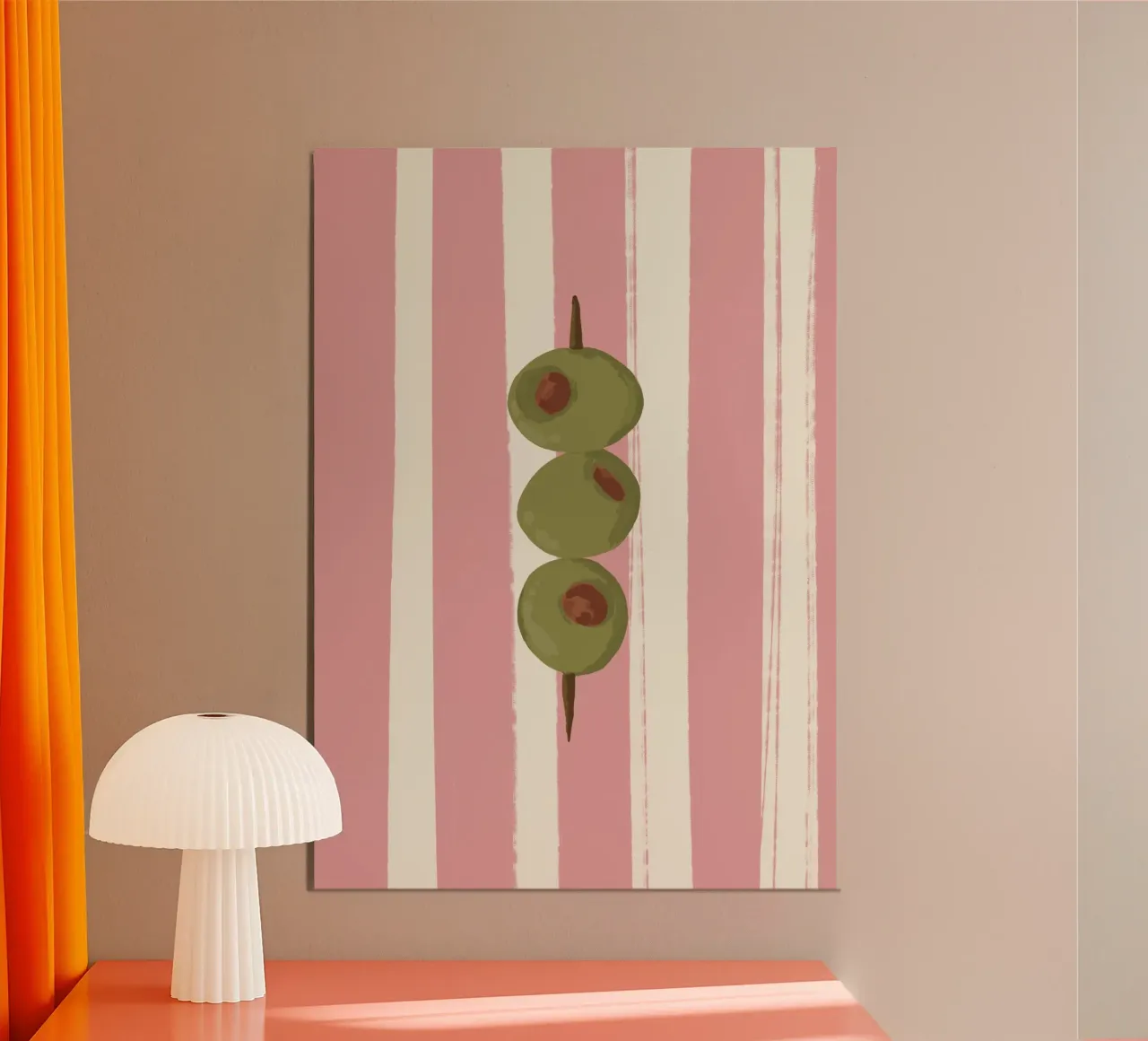 Olives cocktail pick on pink stripes poster with aluminum frame by Sixmai