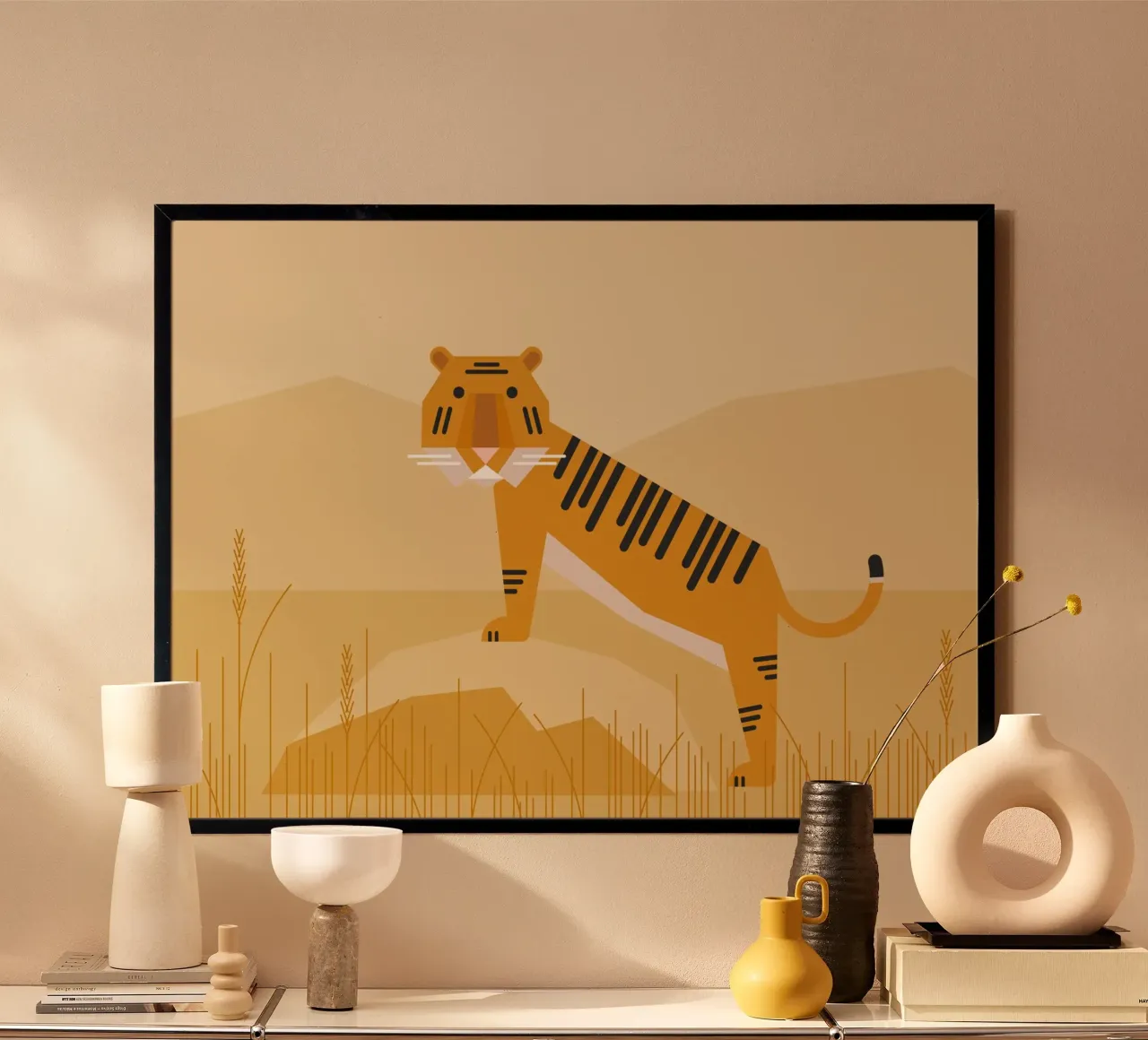 Tigre dans la savane poster avec cadre en plastique de Carolin Vonhoff