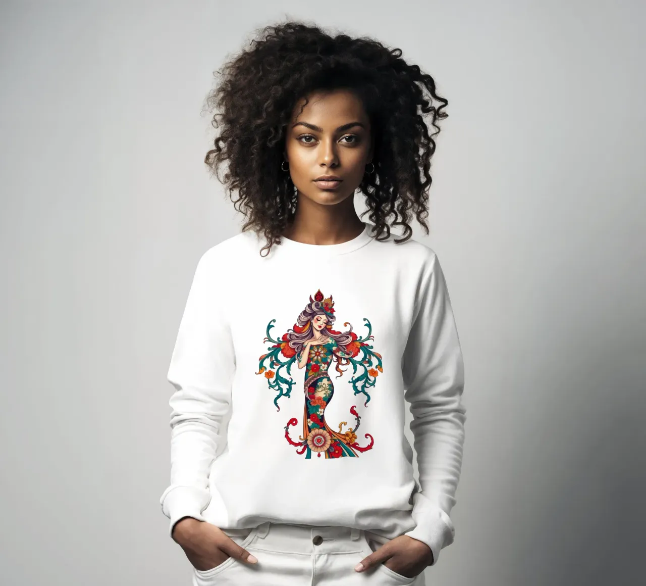 donna adornata con motivi floreali che mostrano un design intricato felpa da DesignDoodle