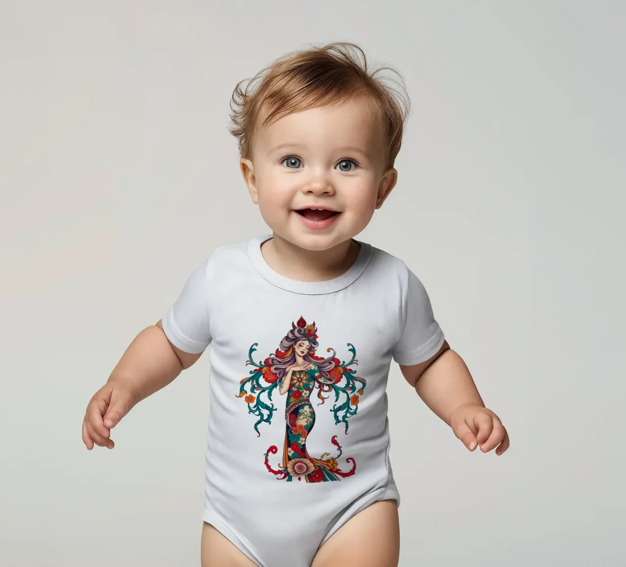 woman adorned in floral patterns showcasing intricate design short-sleeve baby romper by DesignDoodle