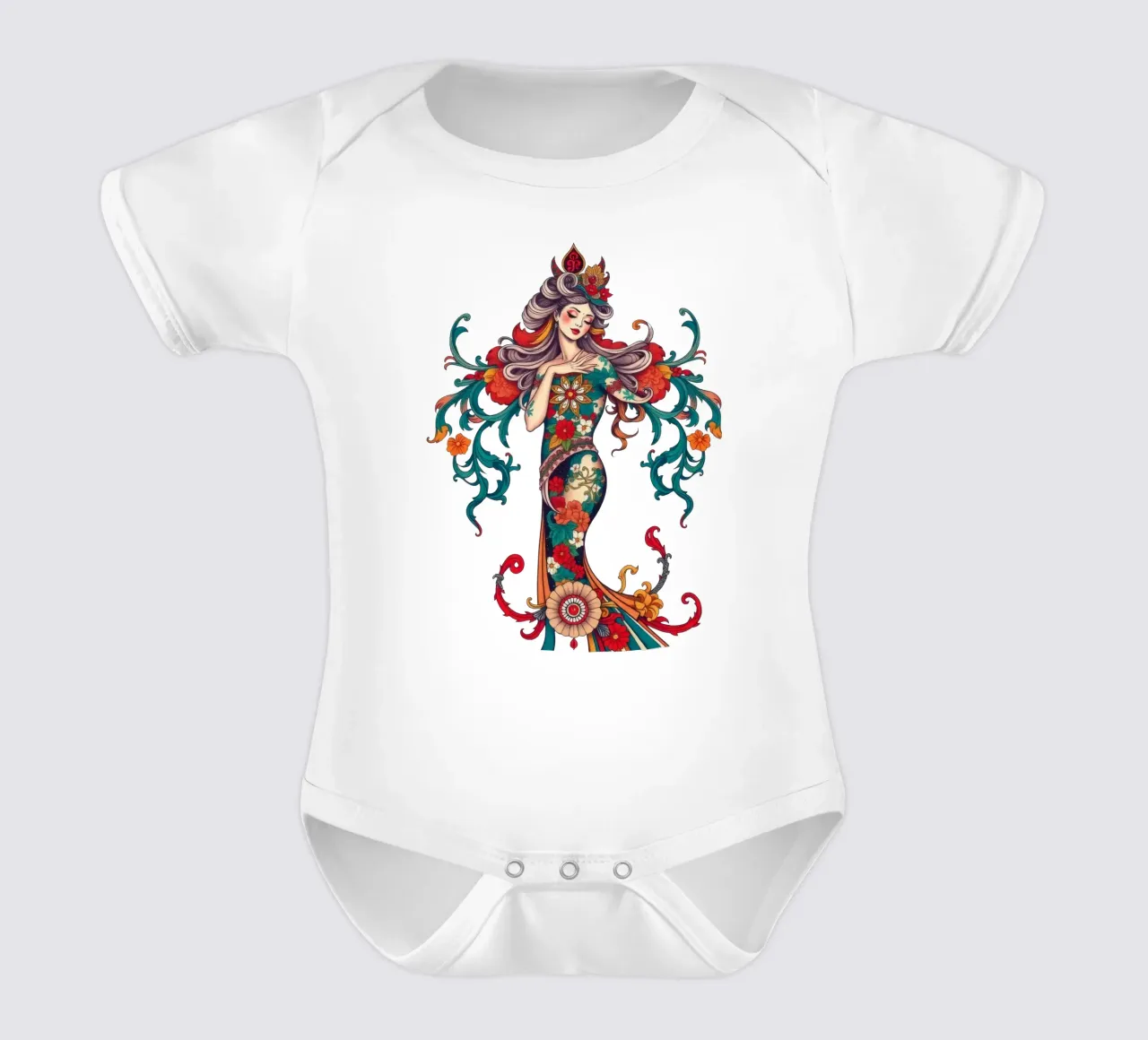 woman adorned in floral patterns showcasing intricate design short-sleeve baby romper by DesignDoodle