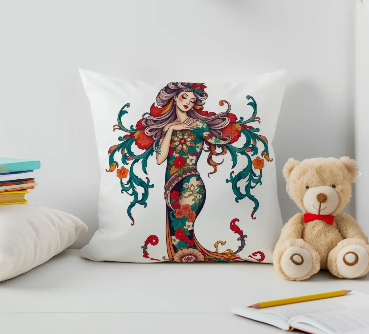donna adornata con motivi floreali che mostrano un design intricato cuscino da DesignDoodle