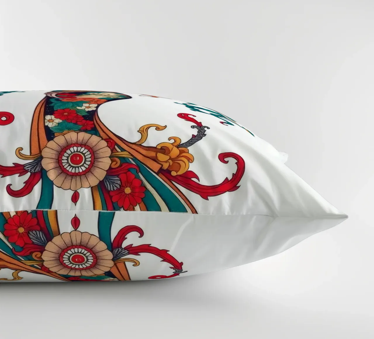 donna adornata con motivi floreali che mostrano un design intricato cuscino da DesignDoodle