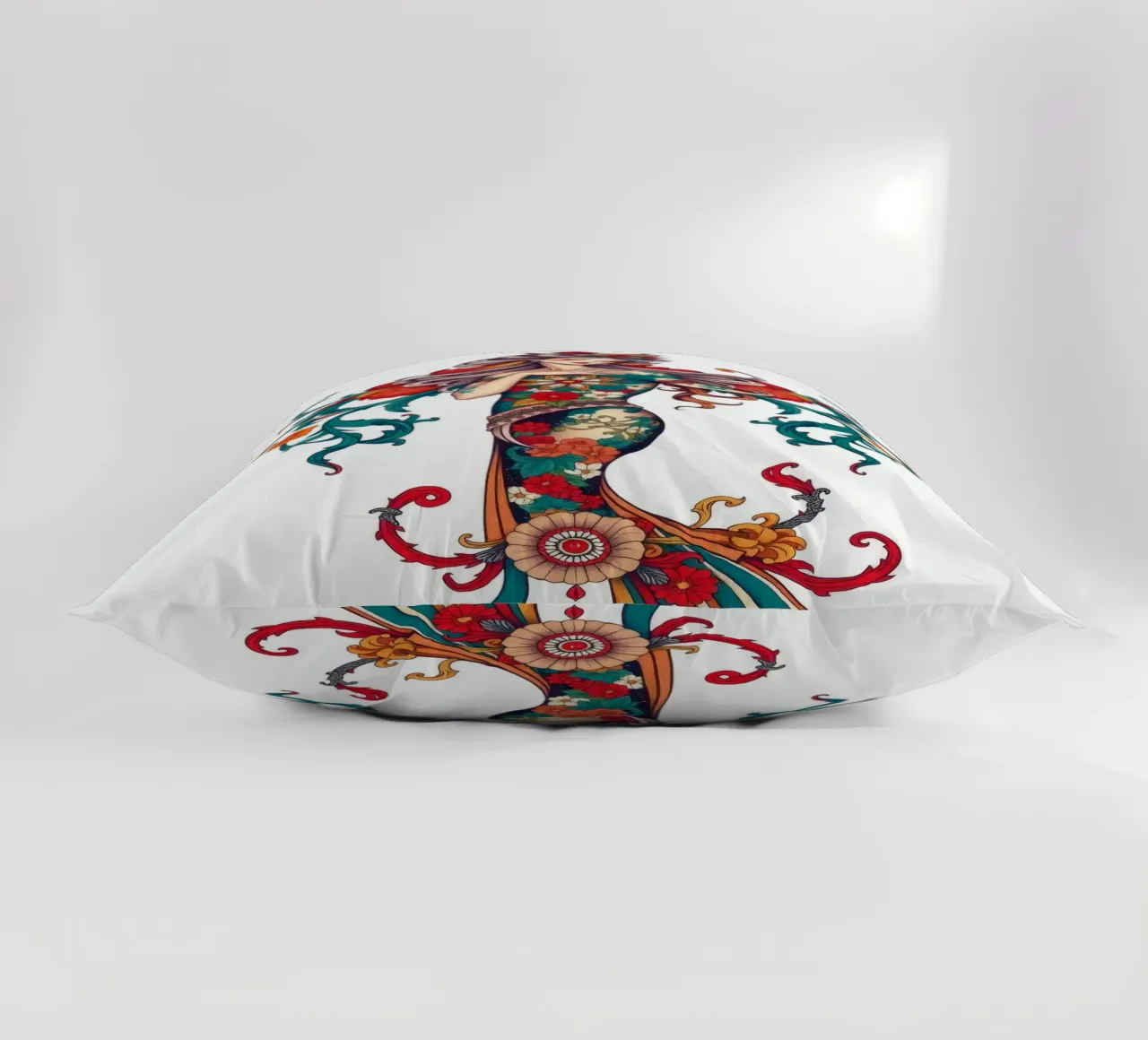 donna adornata con motivi floreali che mostrano un design intricato cuscino da DesignDoodle