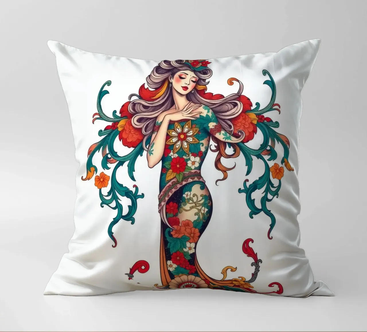 donna adornata con motivi floreali che mostrano un design intricato cuscino da DesignDoodle