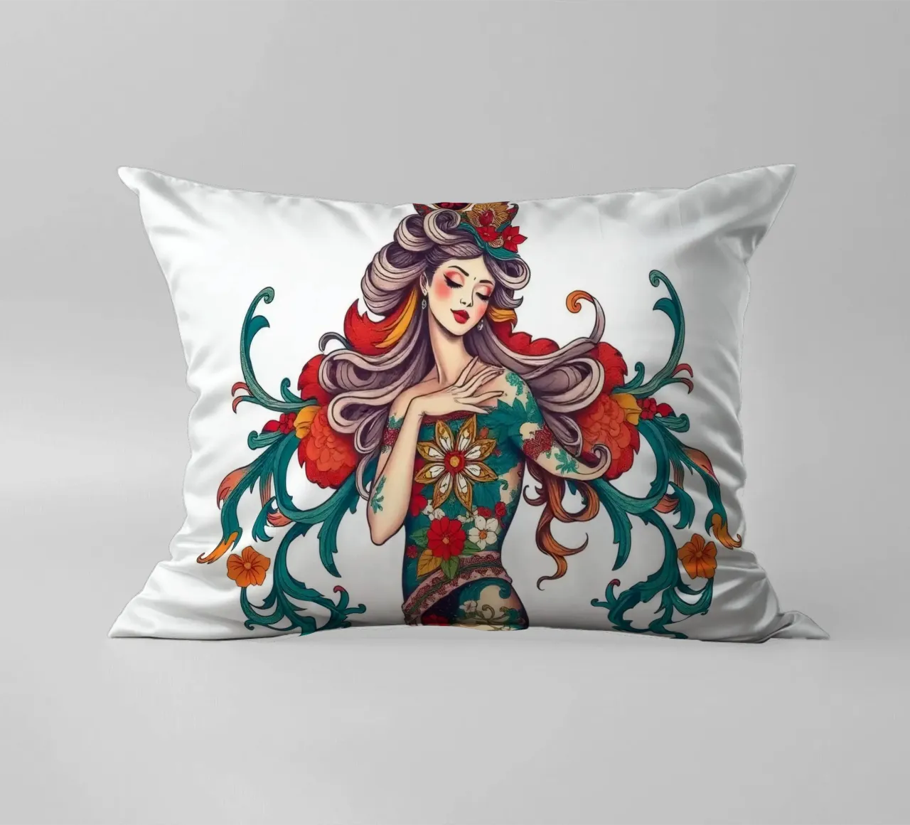 donna adornata con motivi floreali che mostrano un design intricato cuscino da DesignDoodle
