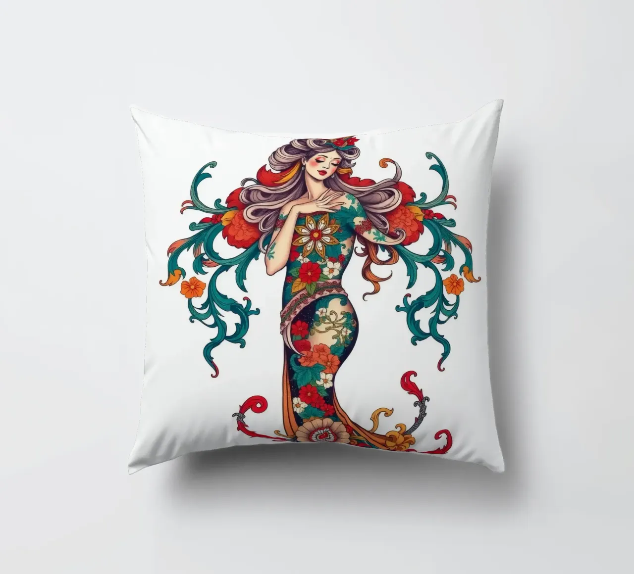 donna adornata con motivi floreali che mostrano un design intricato cuscino da DesignDoodle