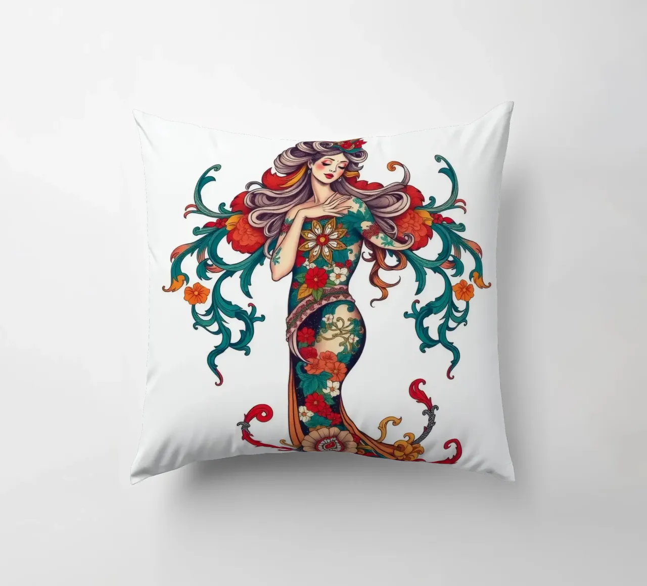 donna adornata con motivi floreali che mostrano un design intricato cuscino da DesignDoodle