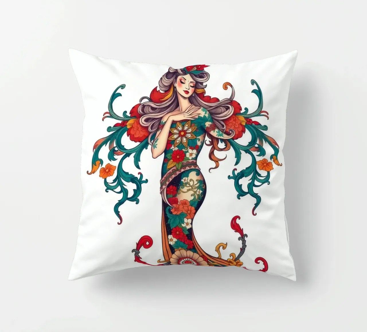 donna adornata con motivi floreali che mostrano un design intricato cuscino da DesignDoodle