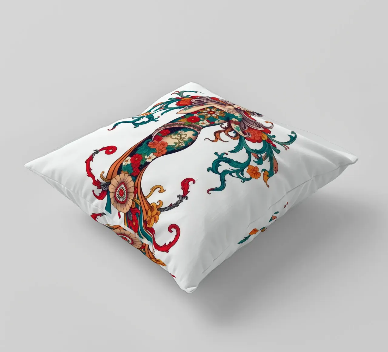donna adornata con motivi floreali che mostrano un design intricato cuscino da DesignDoodle