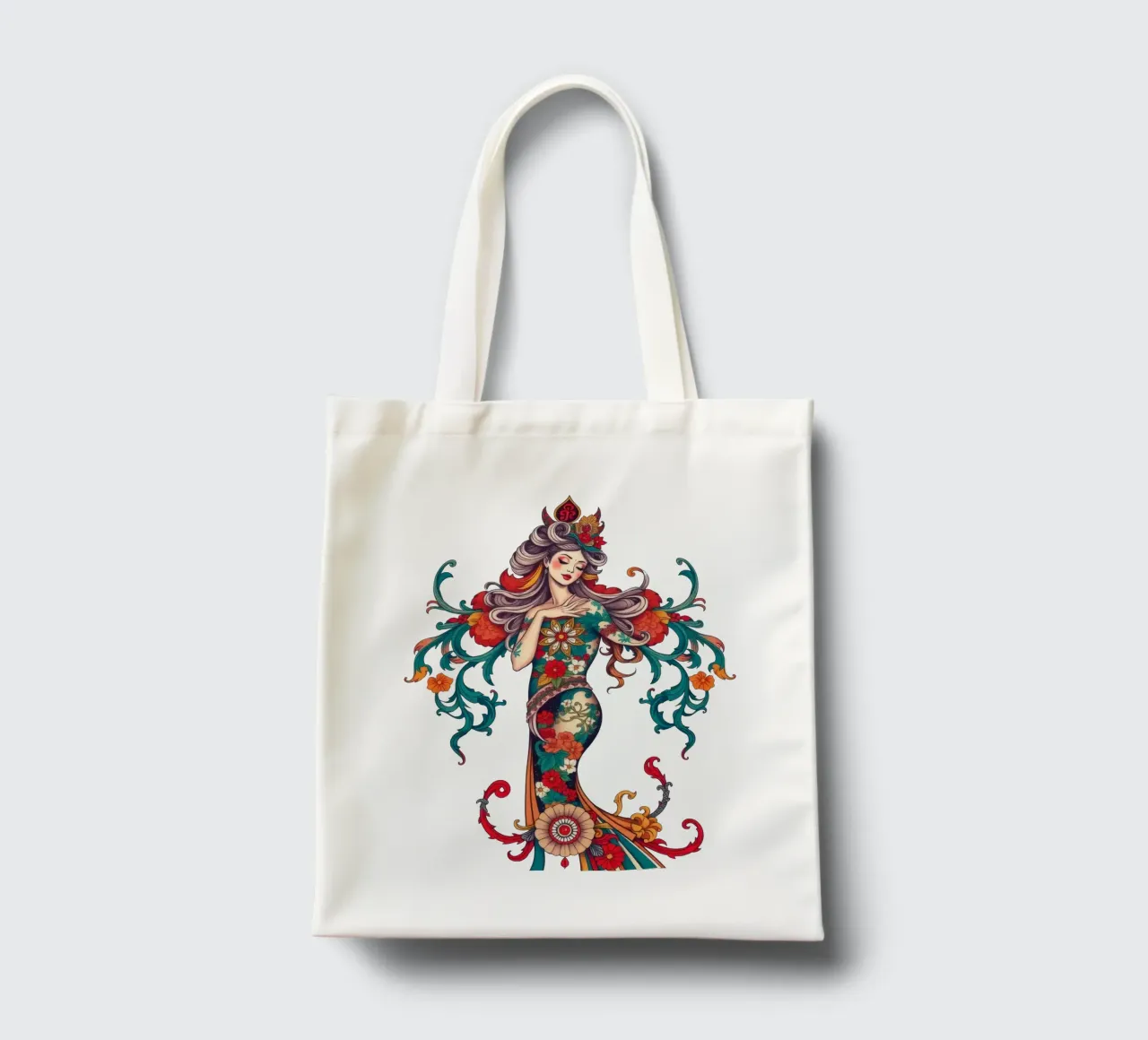 donna adornata con motivi floreali che mostrano un design intricato borsa in juta da DesignDoodle