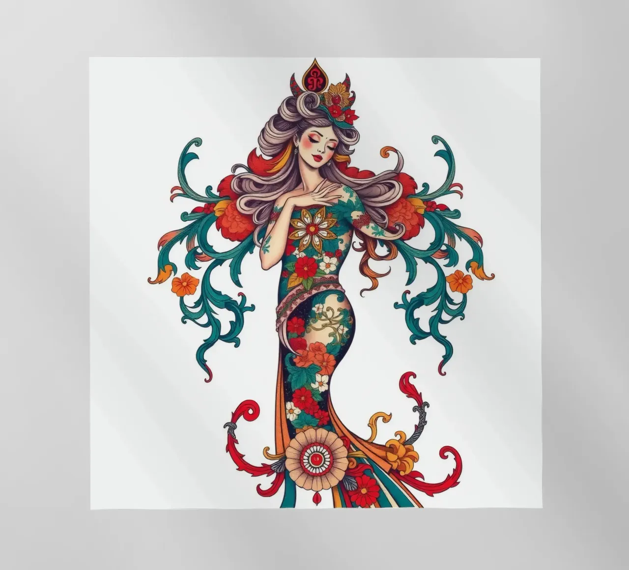 donna adornata con motivi floreali che mostrano un design intricato pellicola backlit da DesignDoodle