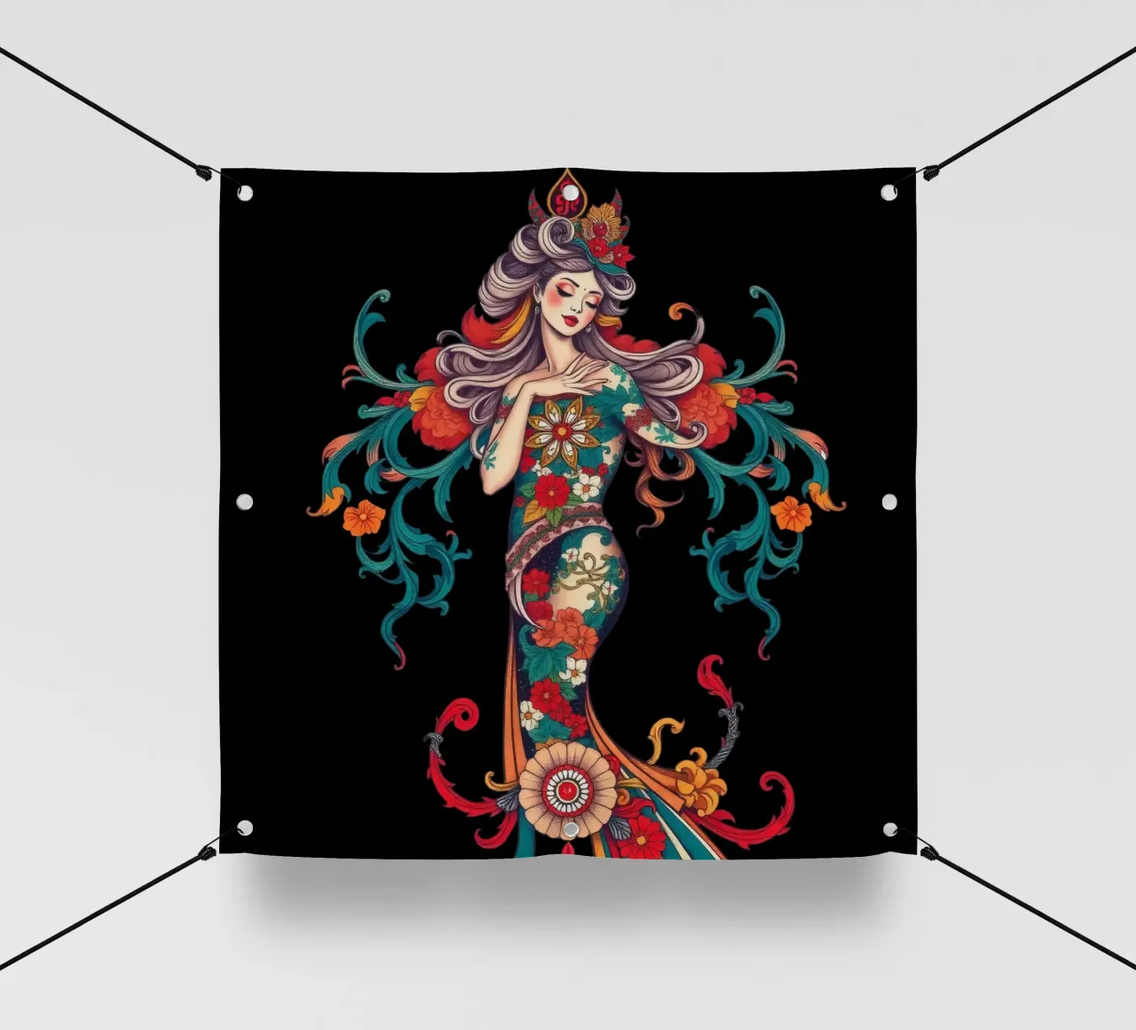 donna adornata con motivi floreali che mostrano un design intricato telo in pvc da DesignDoodle