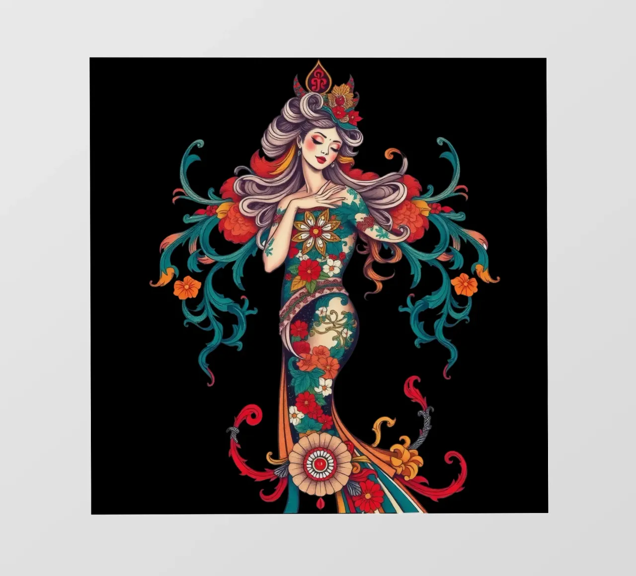 donna adornata con motivi floreali che mostrano un design intricato telo in pvc da DesignDoodle
