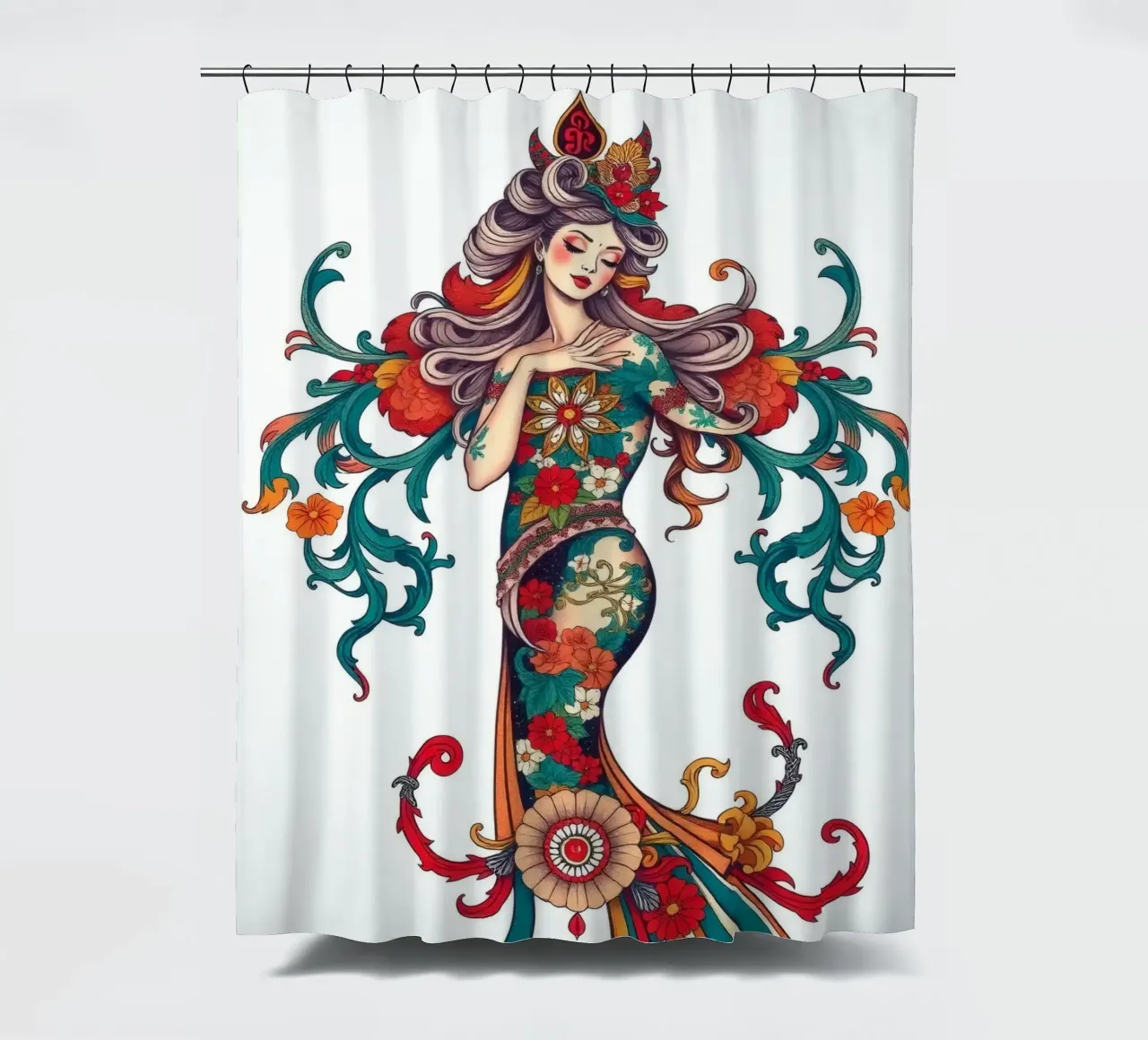 donna adornata con motivi floreali che mostrano un design intricato tenda da doccia da DesignDoodle