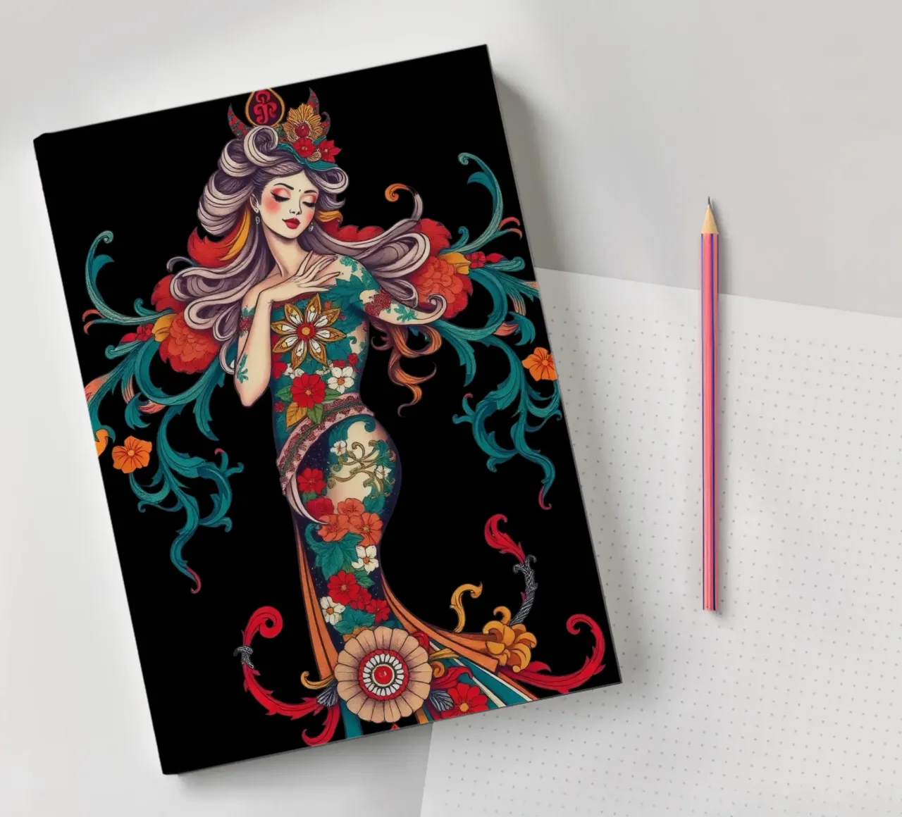 woman adorned in floral patterns showcasing intricate design notebook by DesignDoodle