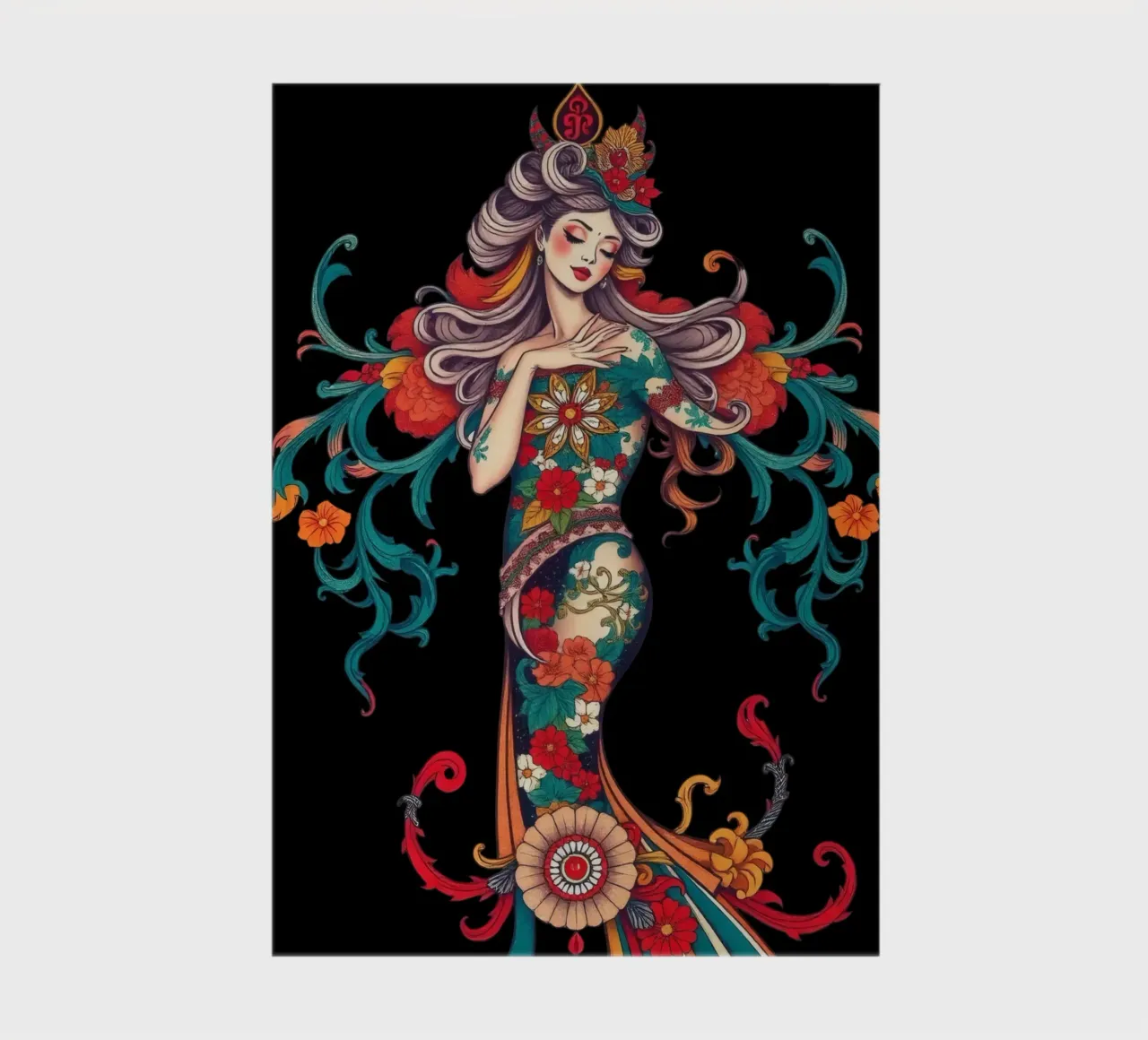 woman adorned in floral patterns showcasing intricate design notebook by DesignDoodle