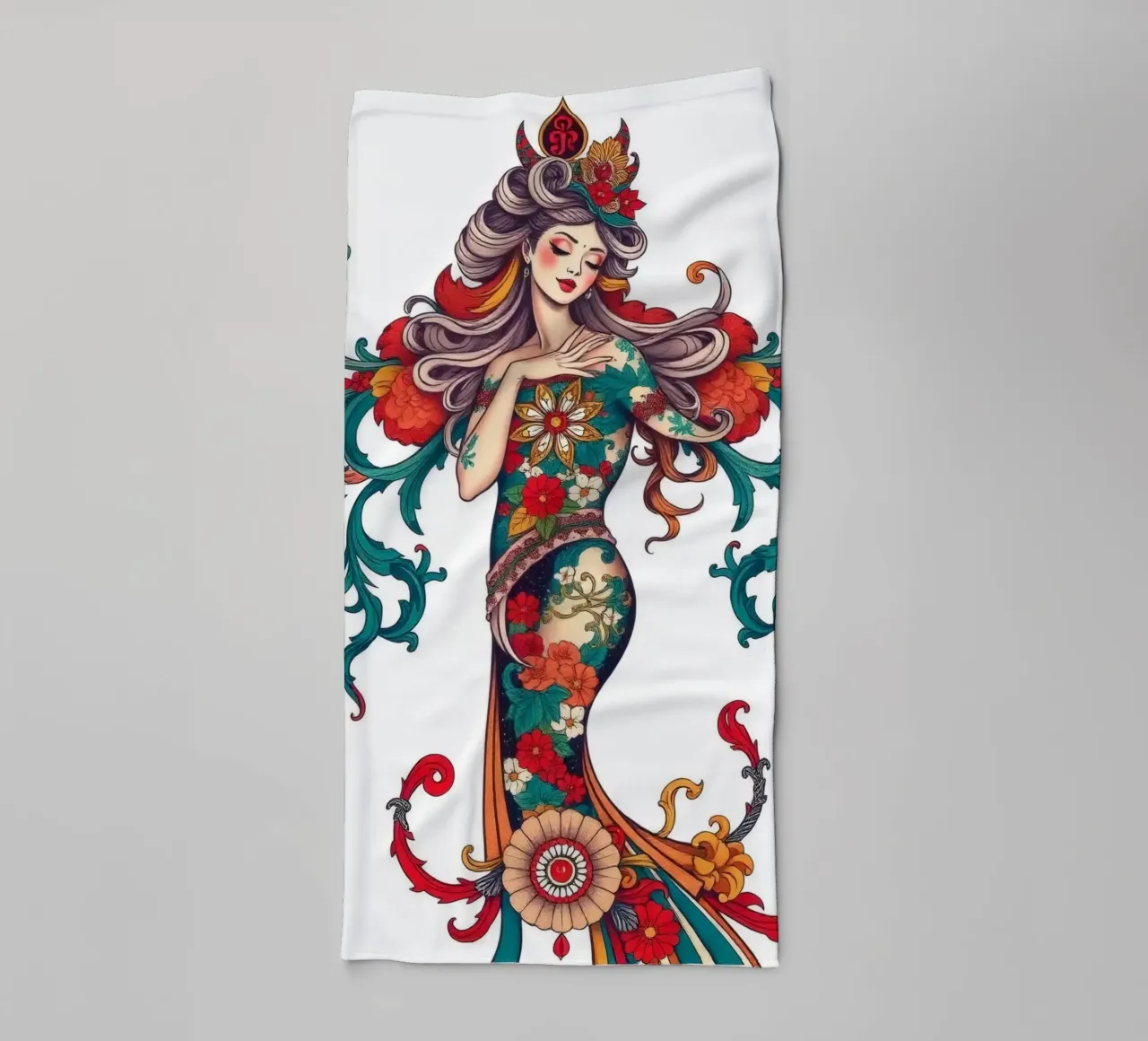 woman adorned in floral patterns showcasing intricate design towel by DesignDoodle
