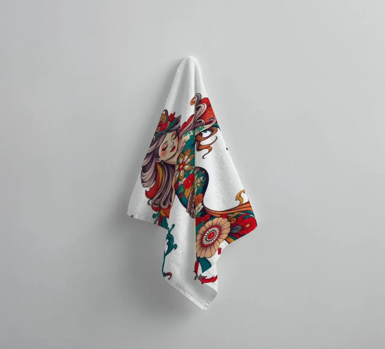 woman adorned in floral patterns showcasing intricate design towel by DesignDoodle