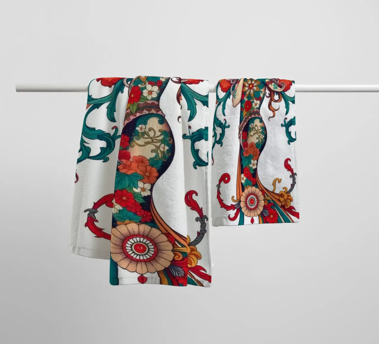 woman adorned in floral patterns showcasing intricate design towel by DesignDoodle