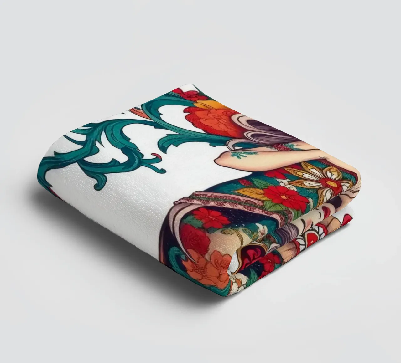 woman adorned in floral patterns showcasing intricate design towel by DesignDoodle
