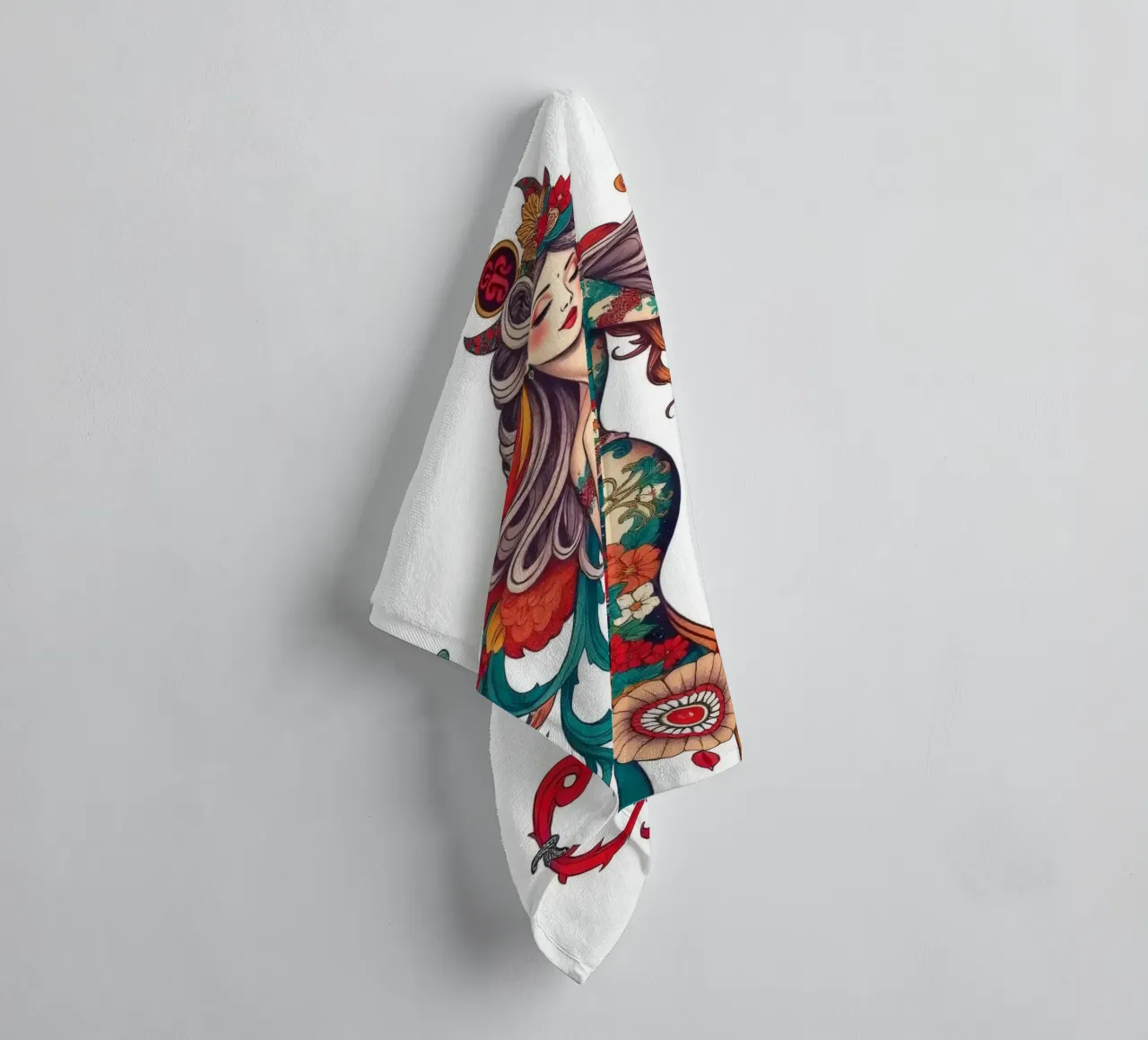 woman adorned in floral patterns showcasing intricate design towel by DesignDoodle